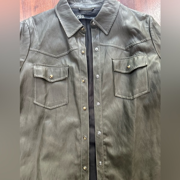 Zara Women Green Vegan Leather Western Jacket Size Small pearl button snaps - Picture 7 of 12